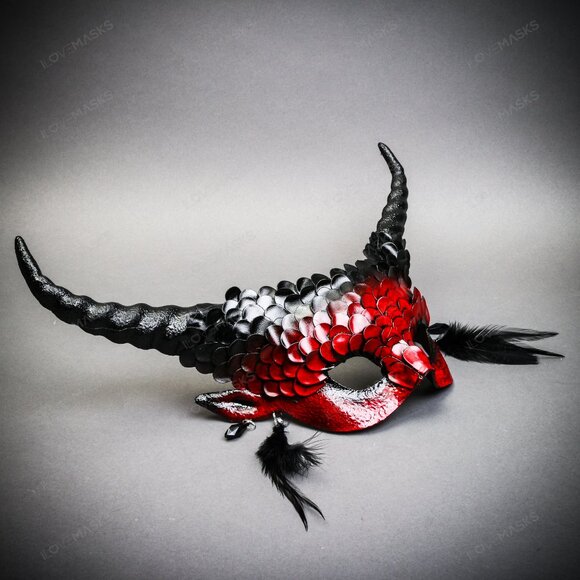 Krampus Horns Red Squama Animal Devil Halloween Masquerade Women Eye Mask Red - Picture 3 of 5